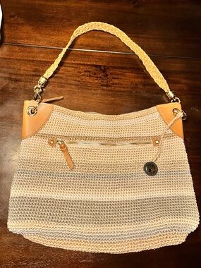 Woven Straw Shoulder Bag with Tan Trim